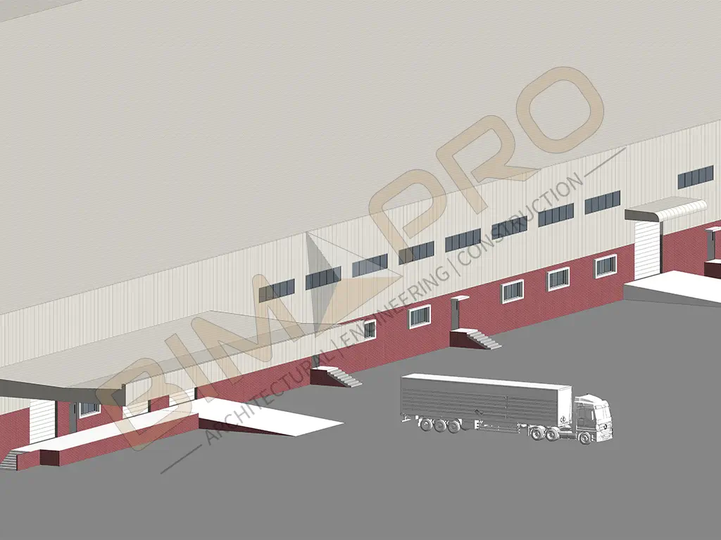 Front view of architectural BIM services for an industrial warehouse project in California