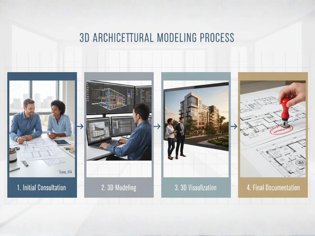 Four-step 3D modeling process showing consultation, BIM modeling, visualization, and final documentation
