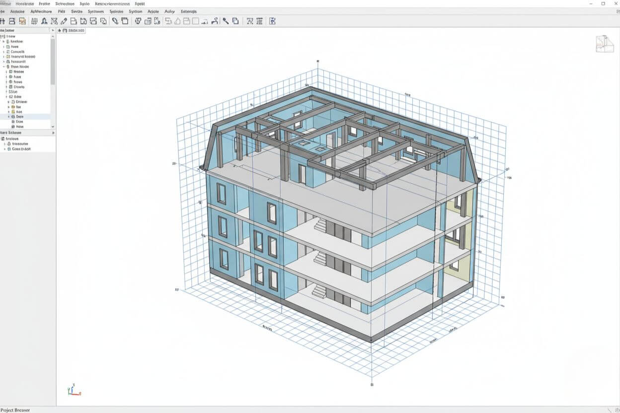 BIM and Revit-based architectural 3D modeling service in the USA showing coordination ready building model with levels and grids