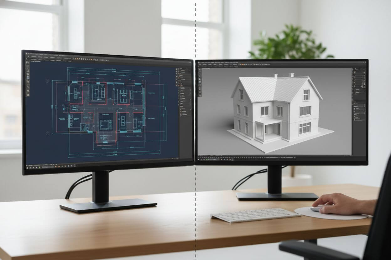 Architectural 3D model developed from CAD drawings and PDF plans showing 2D to 3D conversion workflow