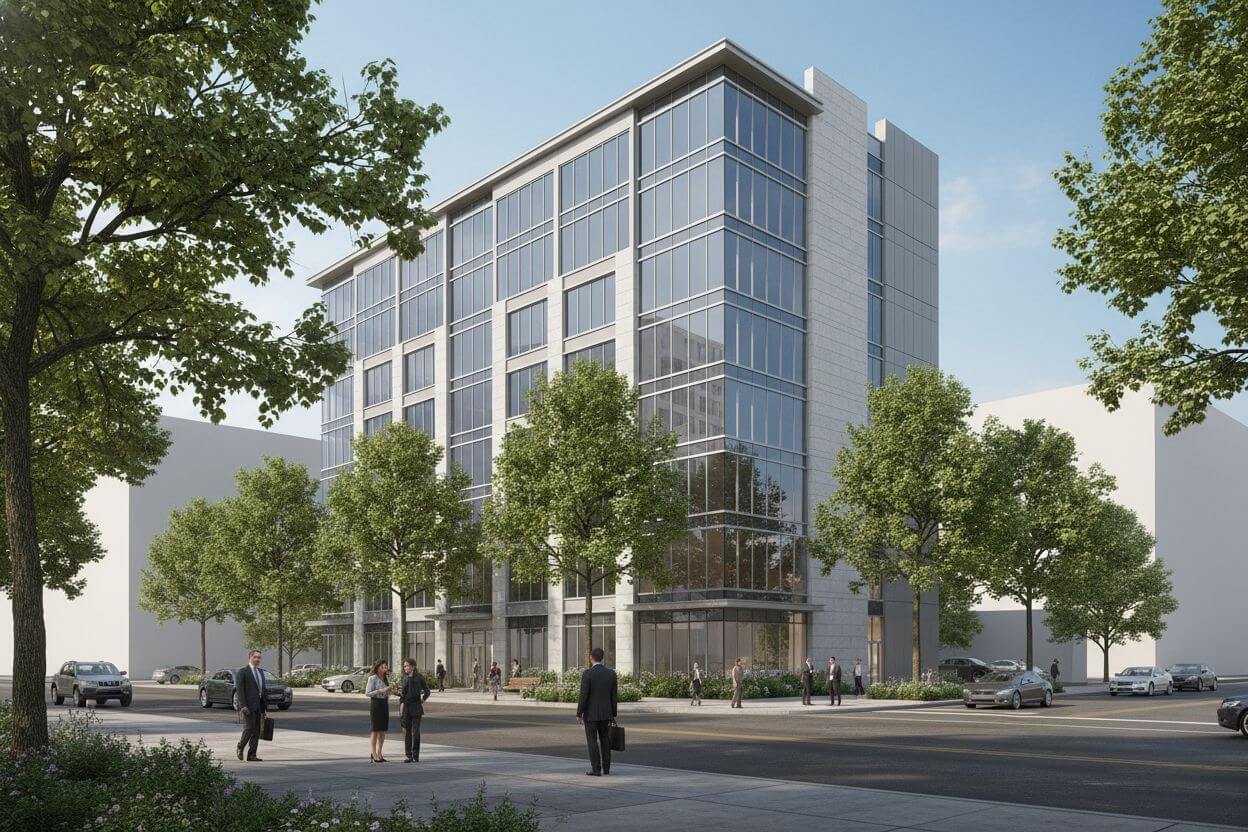 Professional exterior architectural 3D modeling services in USA showing realistic commercial building facade with landscaping and site context