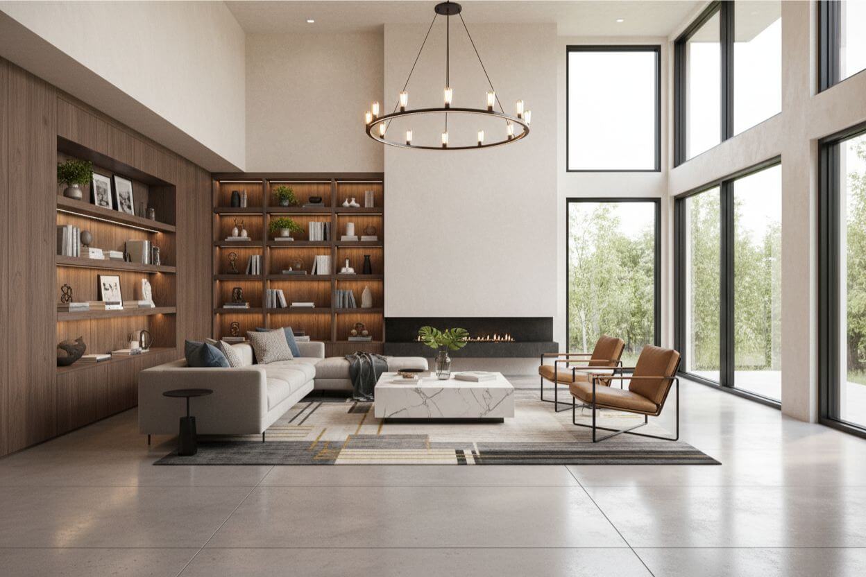 Interior architectural 3D modeling service in USA featuring realistic residential space with furniture layout, finishes, and lighting design