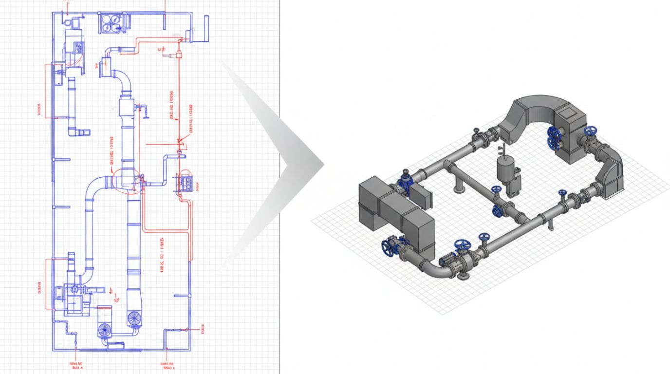 2D to 3D mechanical drawing conversion showing transformation of flat piping layout into a three-dimensional CAD model