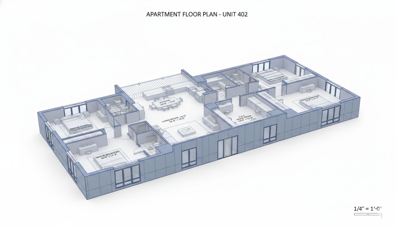 2D to 3D architectural drawing conversion showing transformation of floor plans into a three-dimensional building model
