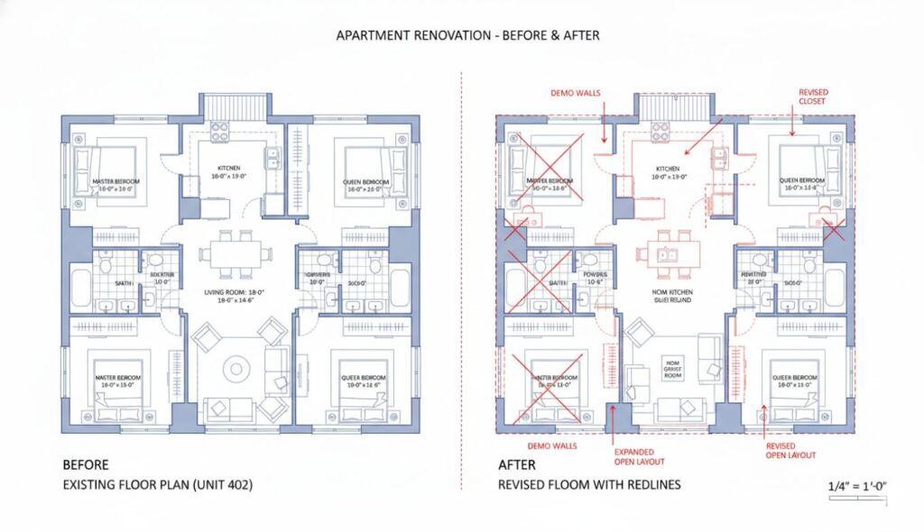 Architectural as-built drawing showing updated floor plans and elevations reflecting actual constructed conditions