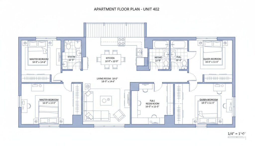 Architectural floor plan drafting service showing detailed room layout with dimensions, wall configurations, door and window placements