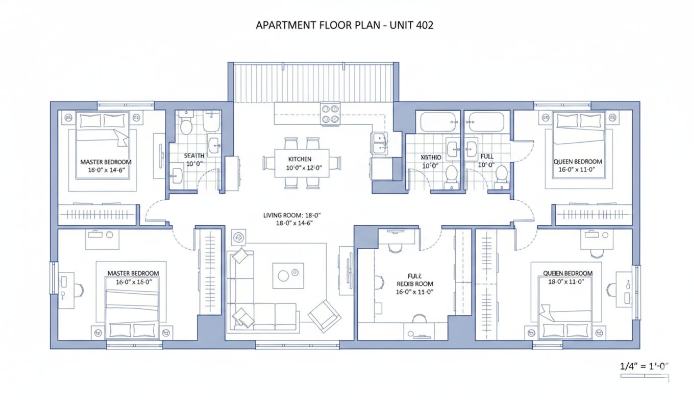 Architectural floor plan drafting service showing detailed room layout with dimensions, wall configurations, door and window placements