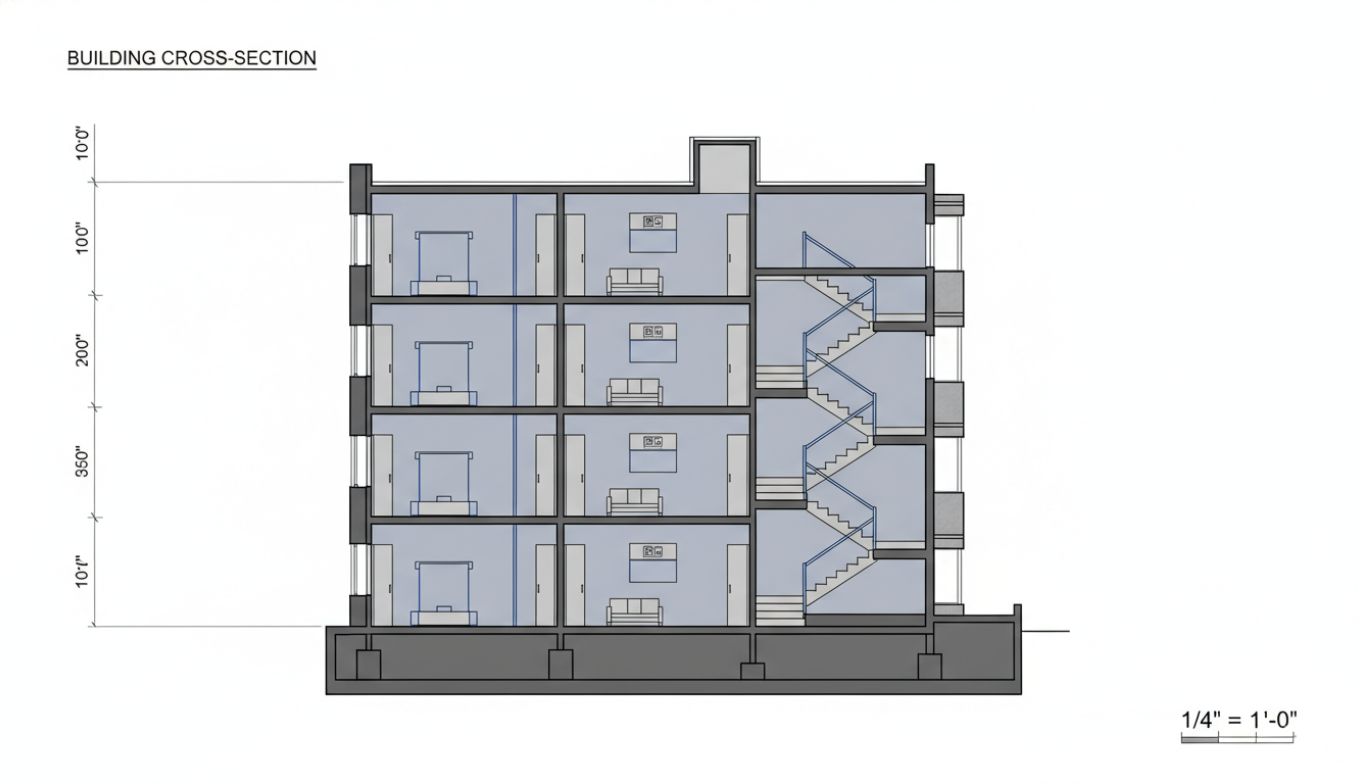 Building section drafting service showing cross-section through structure with floor levels, ceiling heights, foundation details, and roof assembly