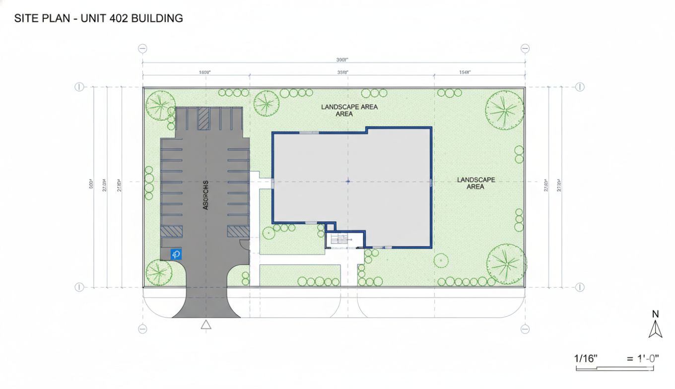 Site plan and roof plan drafting service showing building footprint, setbacks, parking layout, and roof slope with drainage details