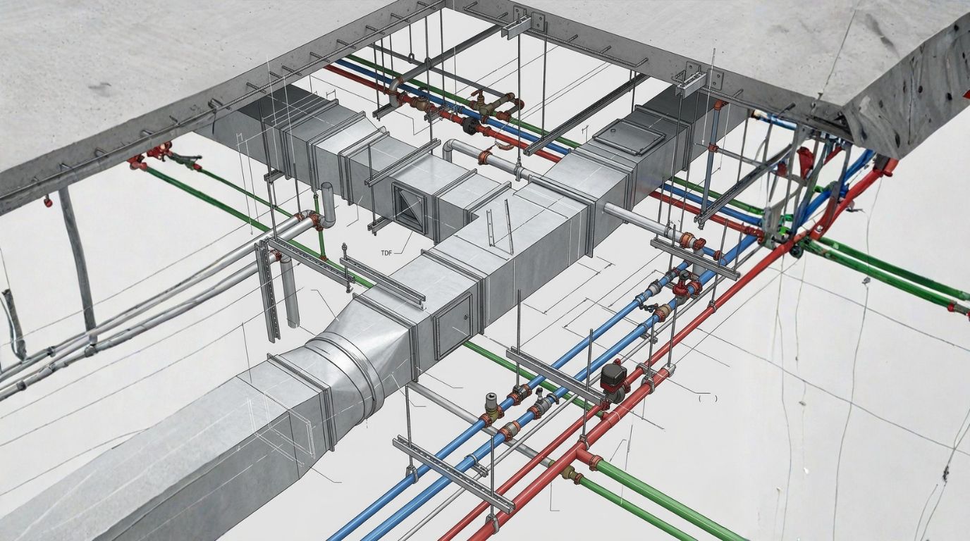 Mechanical BIM clash detection service showing identified clashes between HVAC ducts and structural beams in Navisworks