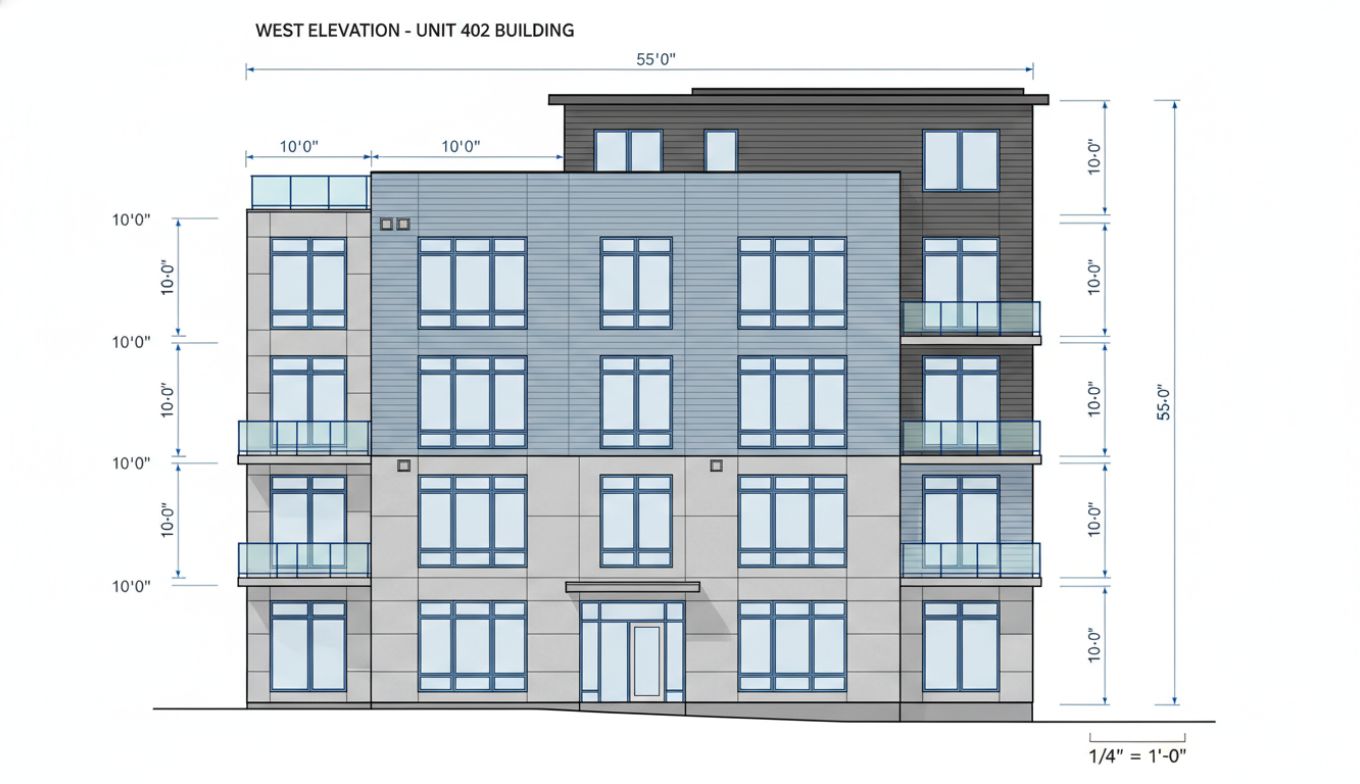 Building elevation drafting service showing front, rear, and side elevations with material annotations, window details, and height dimensions