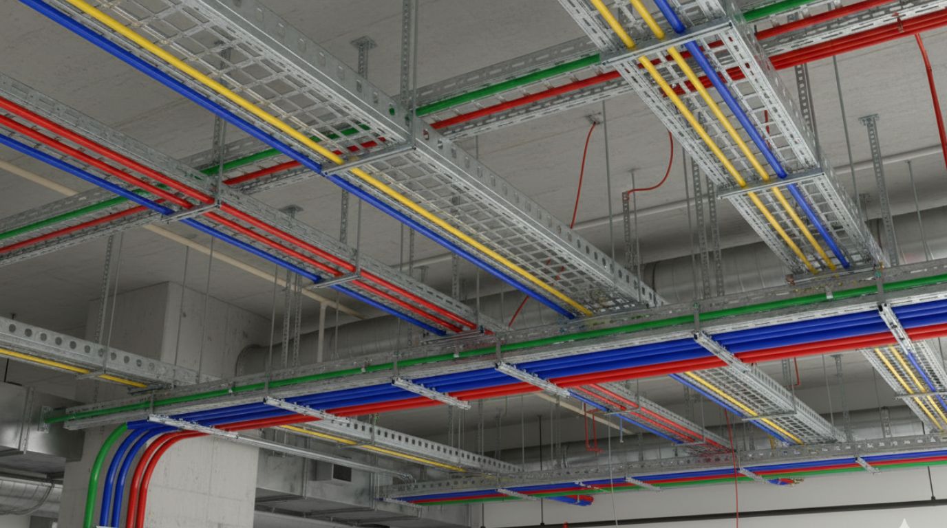 Conduit and cable tray BIM modeling service showing detailed routing with support systems, bend radii, and multi-trade clearances