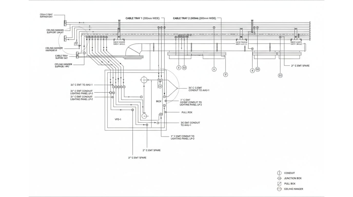 Conduit and cable tray layout drawing showing routing, sizing, fill calculations, and support details for a commercial project