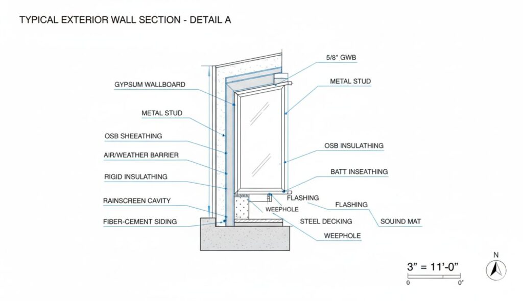 Construction detail drawing showing wall assembly, window head and sill conditions, waterproofing, and flashing details