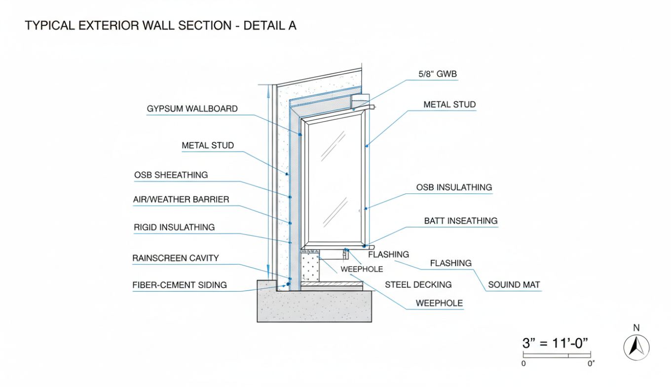 Construction detail drawing showing wall assembly, window head and sill conditions, waterproofing, and flashing details