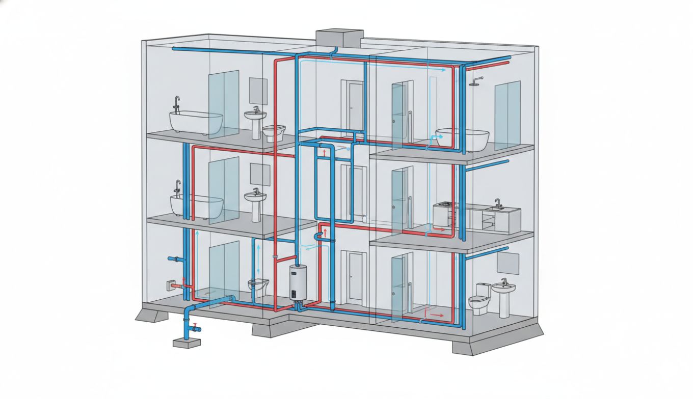 Domestic water supply BIM modeling service showing hot and cold water piping systems with sizing, valves, and fixture connections in Revit