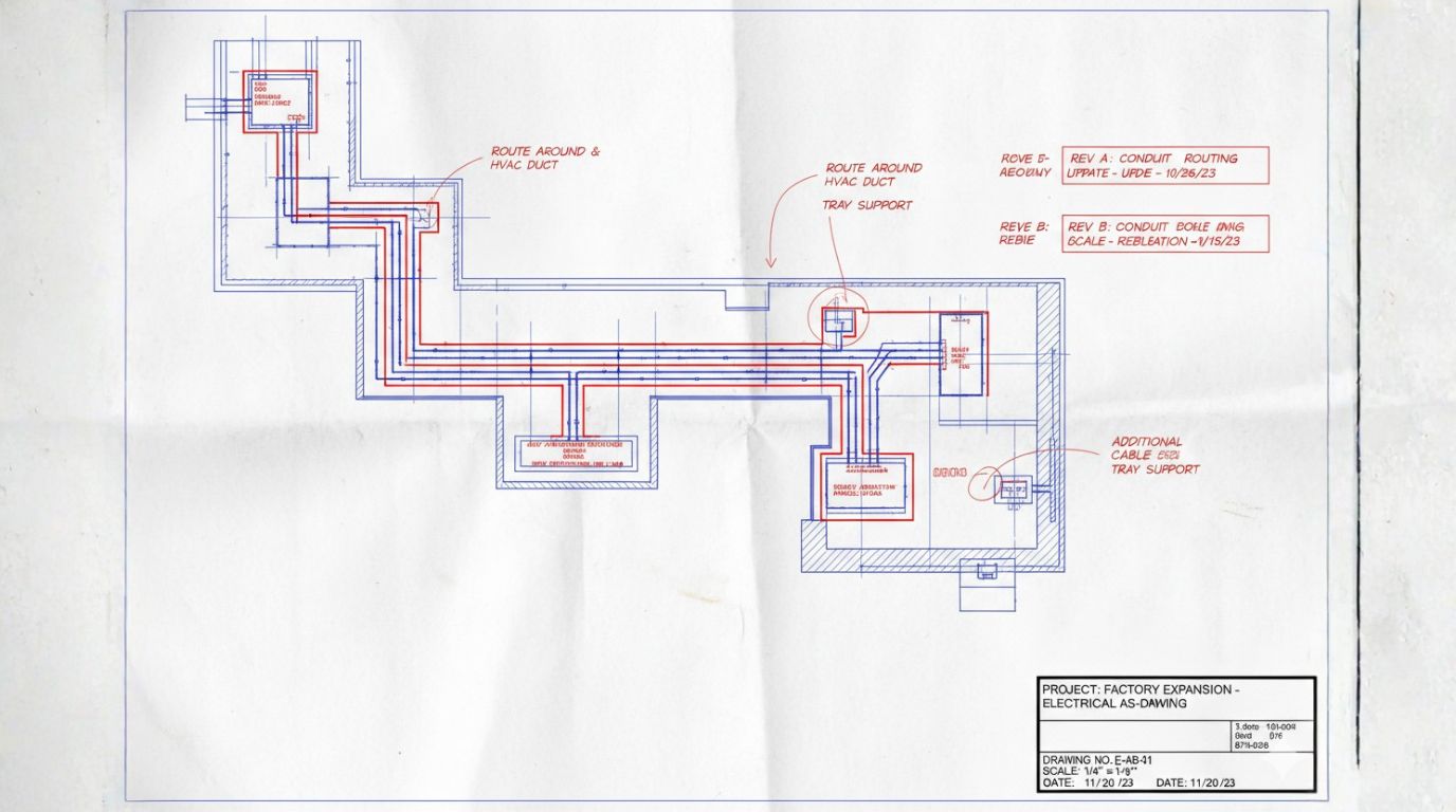 Electrical as-built drawing showing updated conduit routing and panel locations reflecting actual field-installed conditions