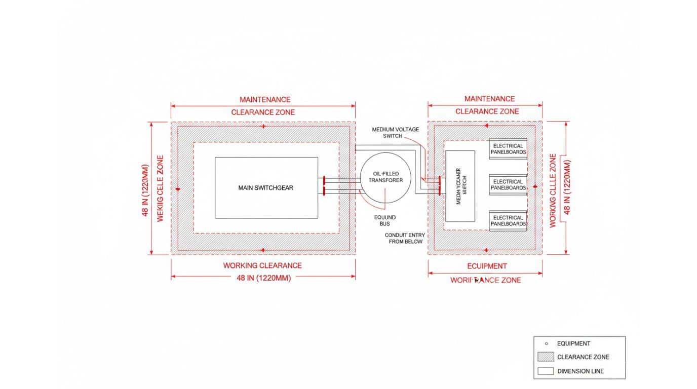 Electrical equipment drawing showing switchgear room layout with panel elevations, clearance zones, and connection details