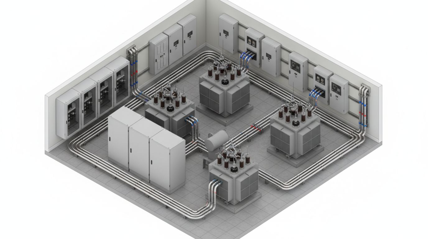 Power distribution modeling service in the USA showing electrical feeder conduits, switchgear, transformers, and panel connections in a Revit BIM model