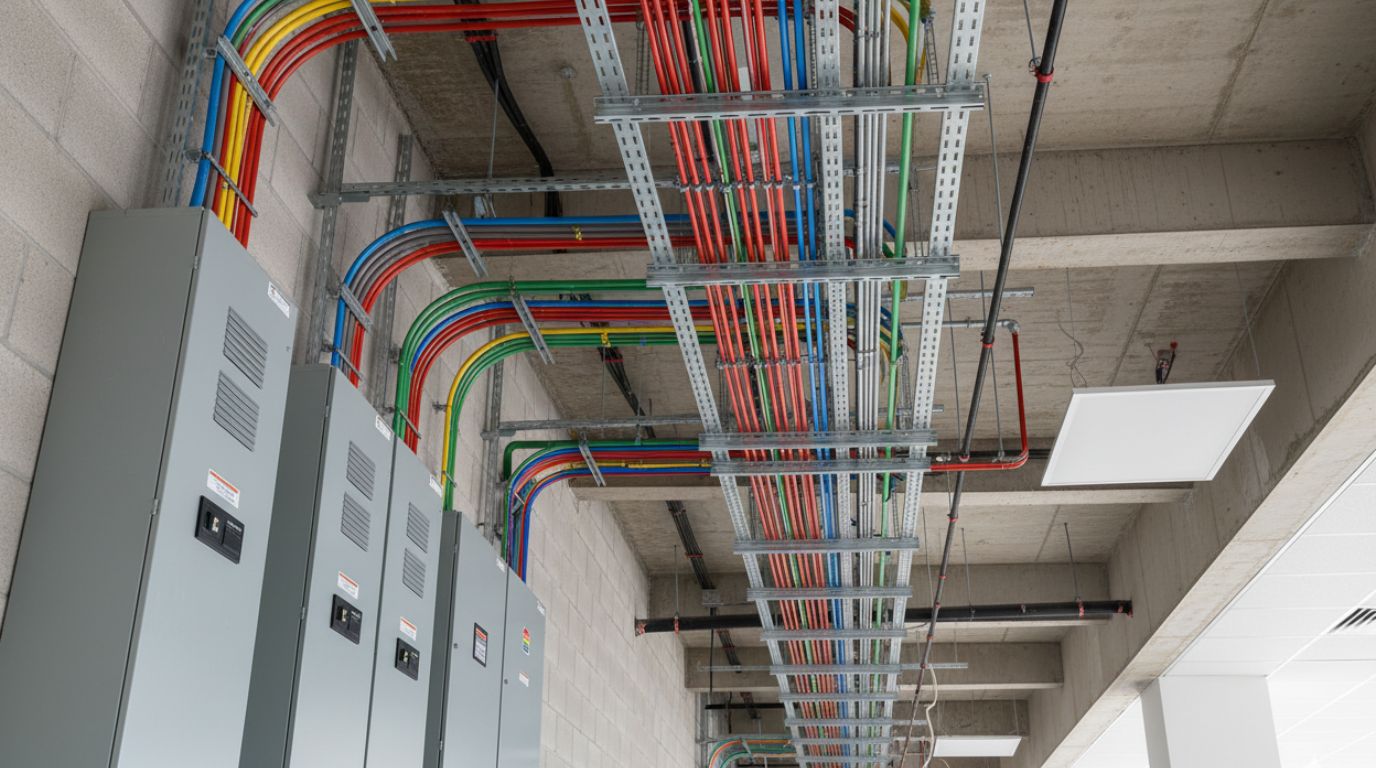 Electrical shop drawings and prefabrication model showing LOD 400 conduit racks with hanger details and spool sheets for off-site fabrication
