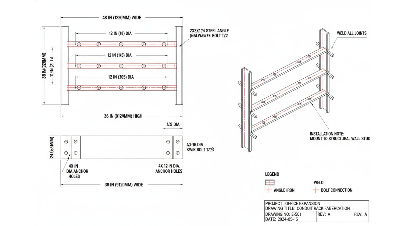 Electrical shop drawing showing fabrication-ready conduit rack details with dimensions, material callouts, and assembly instructions