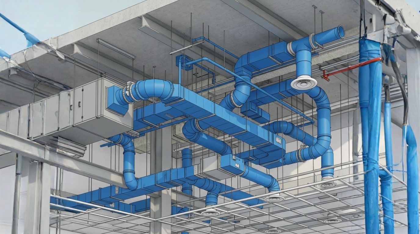 HVAC duct modeling and coordination service in USA showing detailed 3D ductwork routing with air terminals and diffusers in Revit