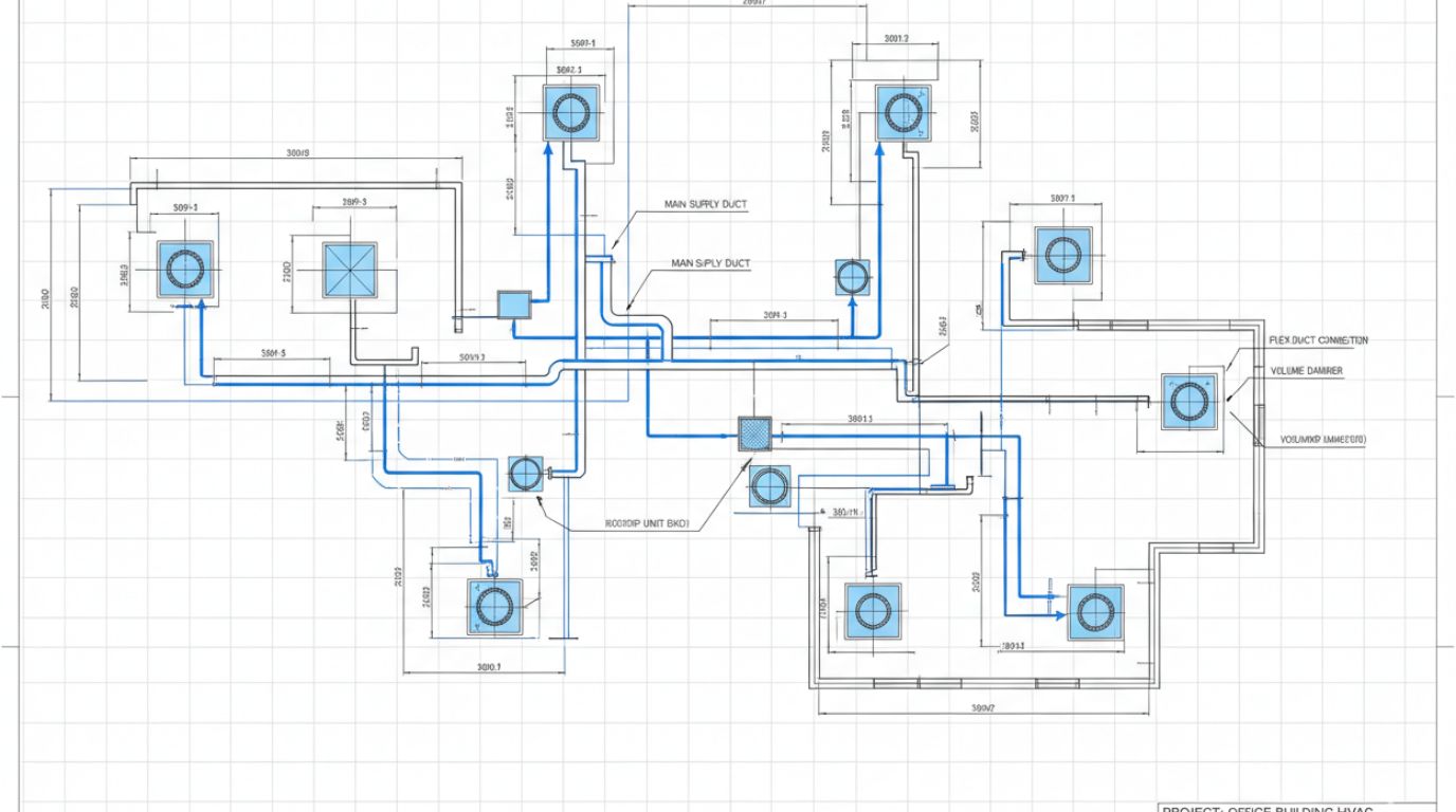 HVAC layout and duct drafting service in USA showing 2D ductwork plan with sizing, routing, and air terminal locations