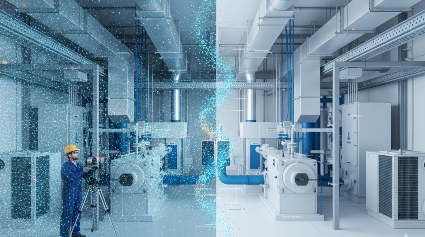 3D laser scan point cloud converted into mechanical BIM Revit model for MEP retrofit project