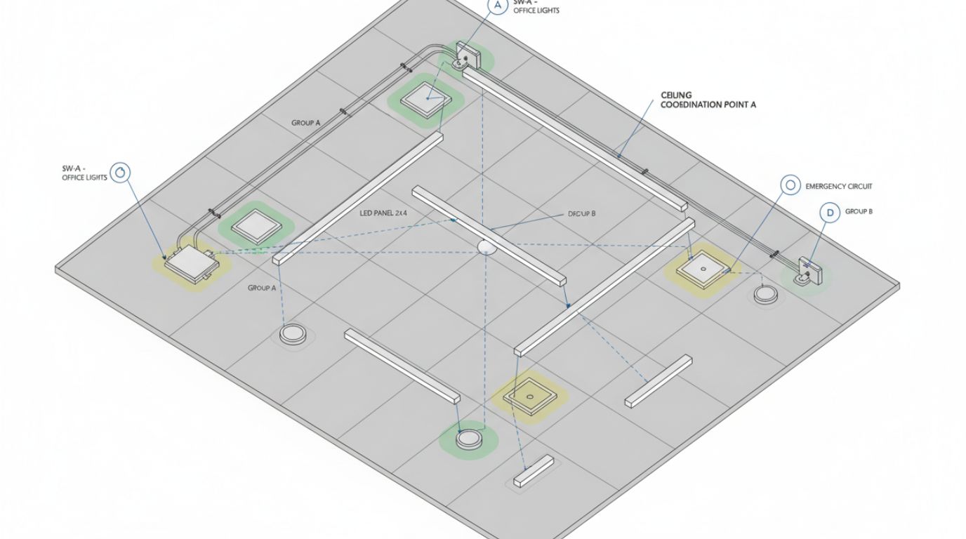 Lighting system BIM modeling service showing fixture layouts, circuiting, and switching groups in a coordinated 3D electrical model