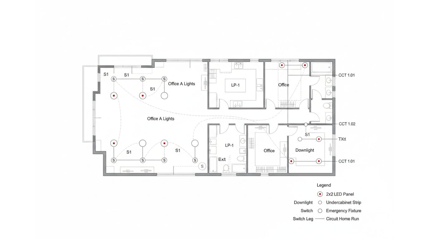 Lighting plan drafting service showing fixture layout, circuiting, switching groups, and control zones for an office floor
