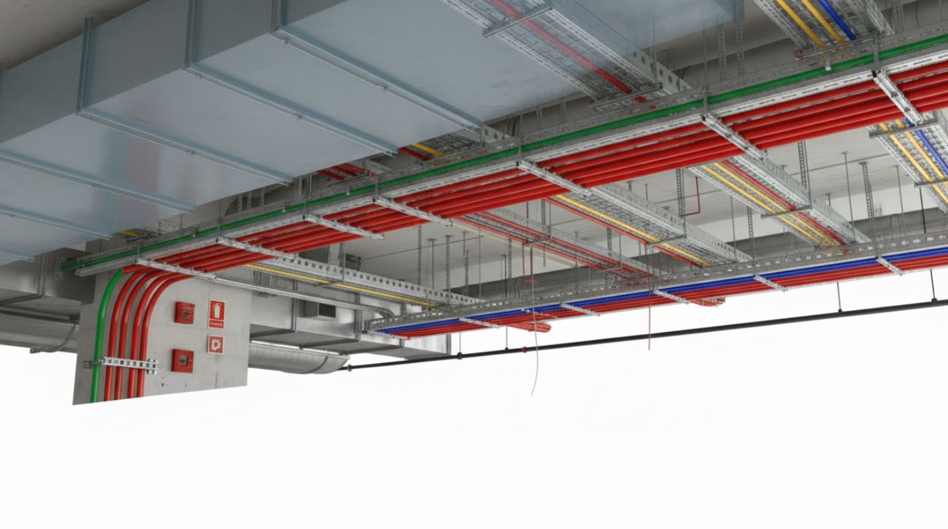 Low-voltage BIM modeling service showing fire alarm, data network, security, and communication system routing in a coordinated Revit model