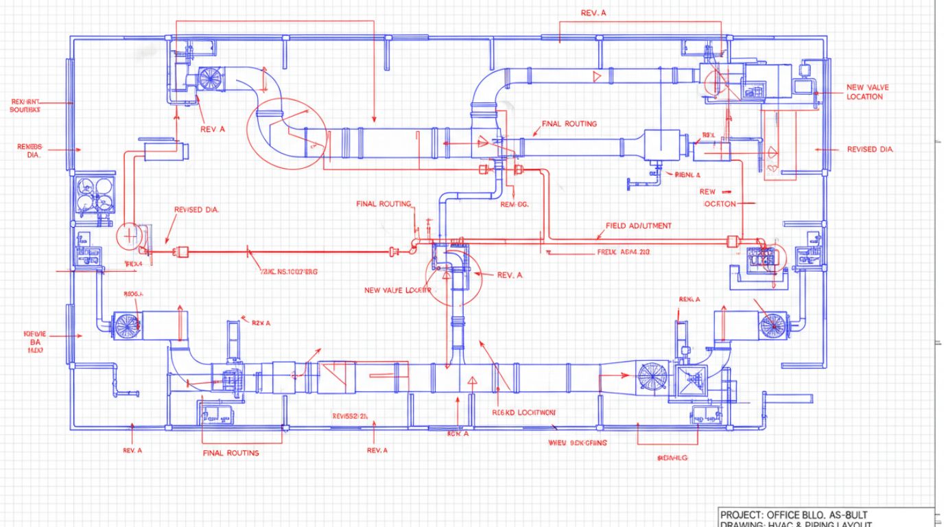 Mechanical as-built drawing showing updated HVAC and piping layouts reflecting actual installed conditions with redline markups incorporated
