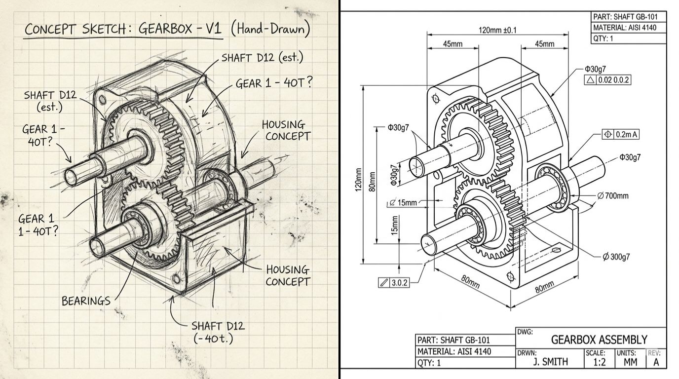 Mechanical drafting sketch vs clean CAD drawing comparison