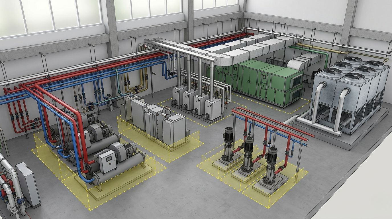 Mechanical equipment modeling service showing boilers, chillers, AHUs, and pumps placed in a 3D BIM model with clearance zones