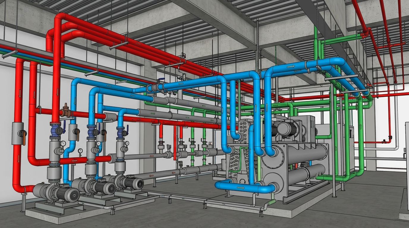 Mechanical piping BIM services in USA featuring hydronic piping, chilled water lines, and equipment connections in a coordinated Revit model