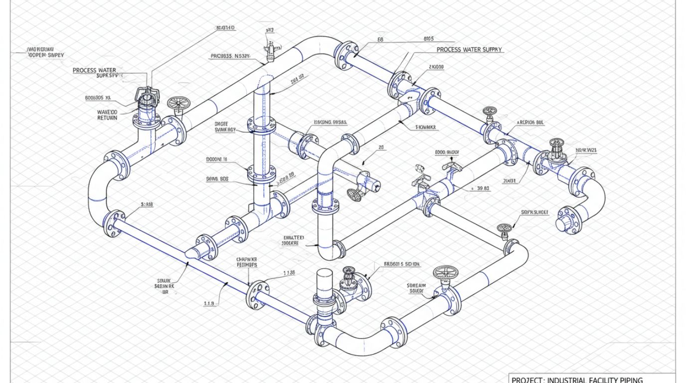 Mechanical piping drafting service showing 2D piping arrangement drawing with pipe sizes, fittings, valves, and elevation details