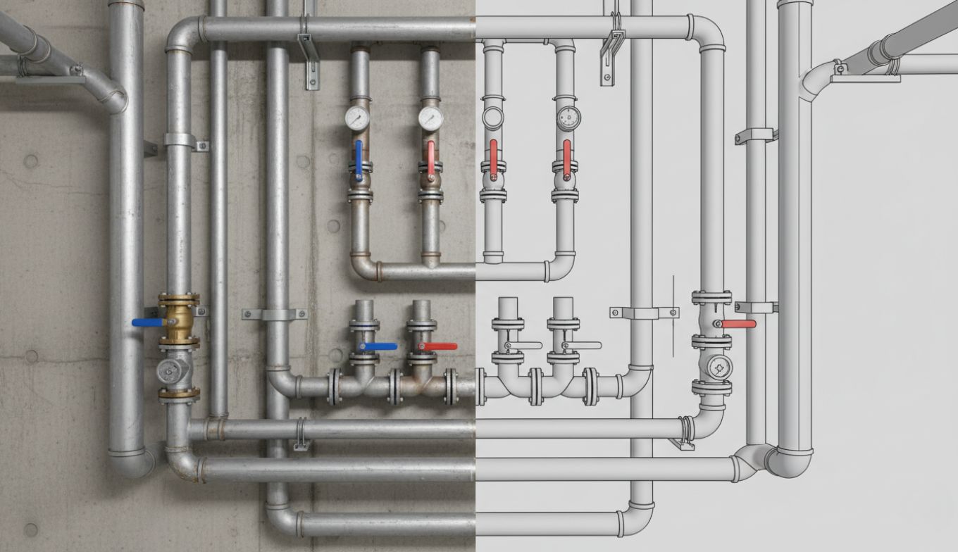 Plumbing as-built BIM model showing updated piping routes and fixture locations reflecting actual field-installed conditions