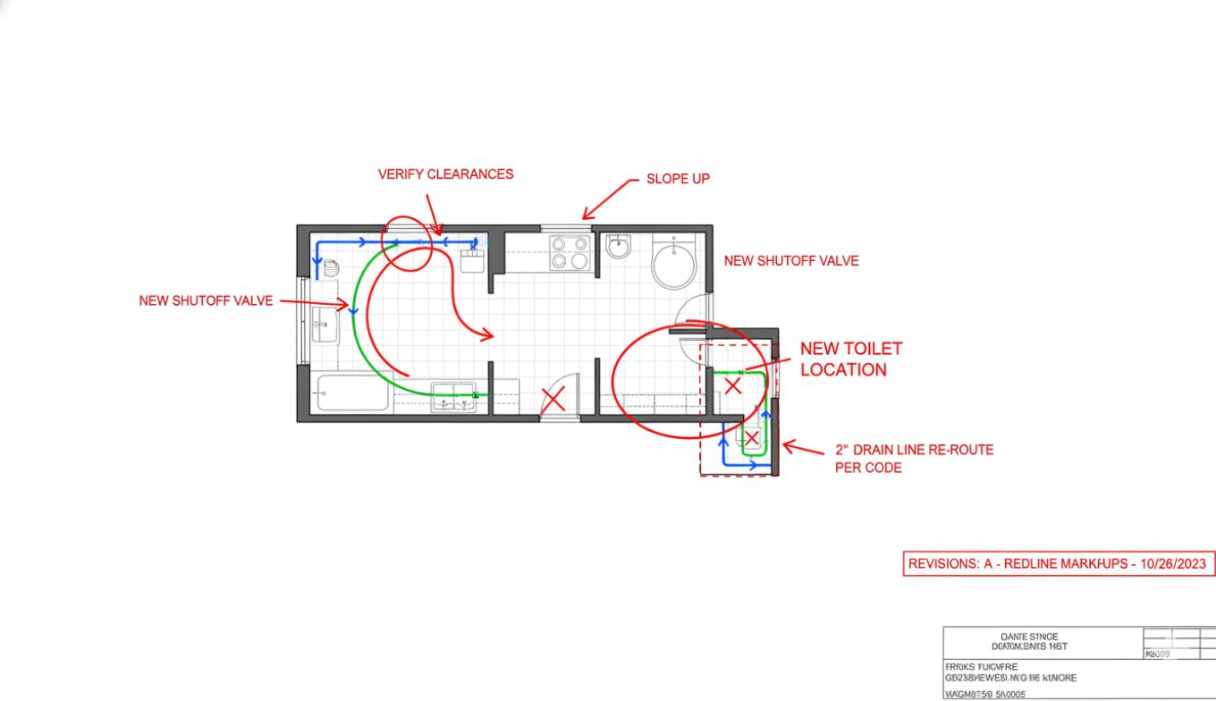 Plumbing as-built drawing showing updated piping layout reflecting actual installed conditions with redline markups incorporated