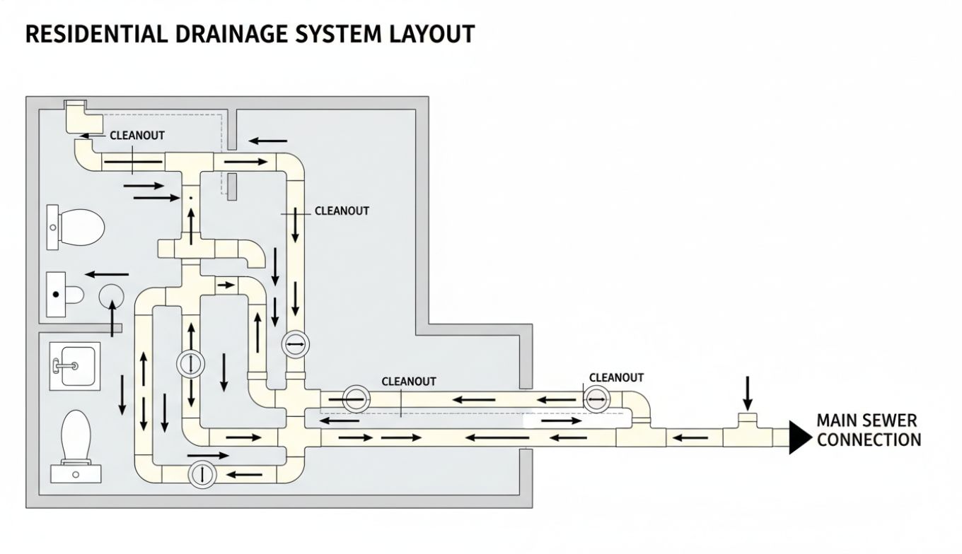 Drainage layout drawing showing sanitary sewer piping with slope configurations, invert elevations, and connection to building sewer