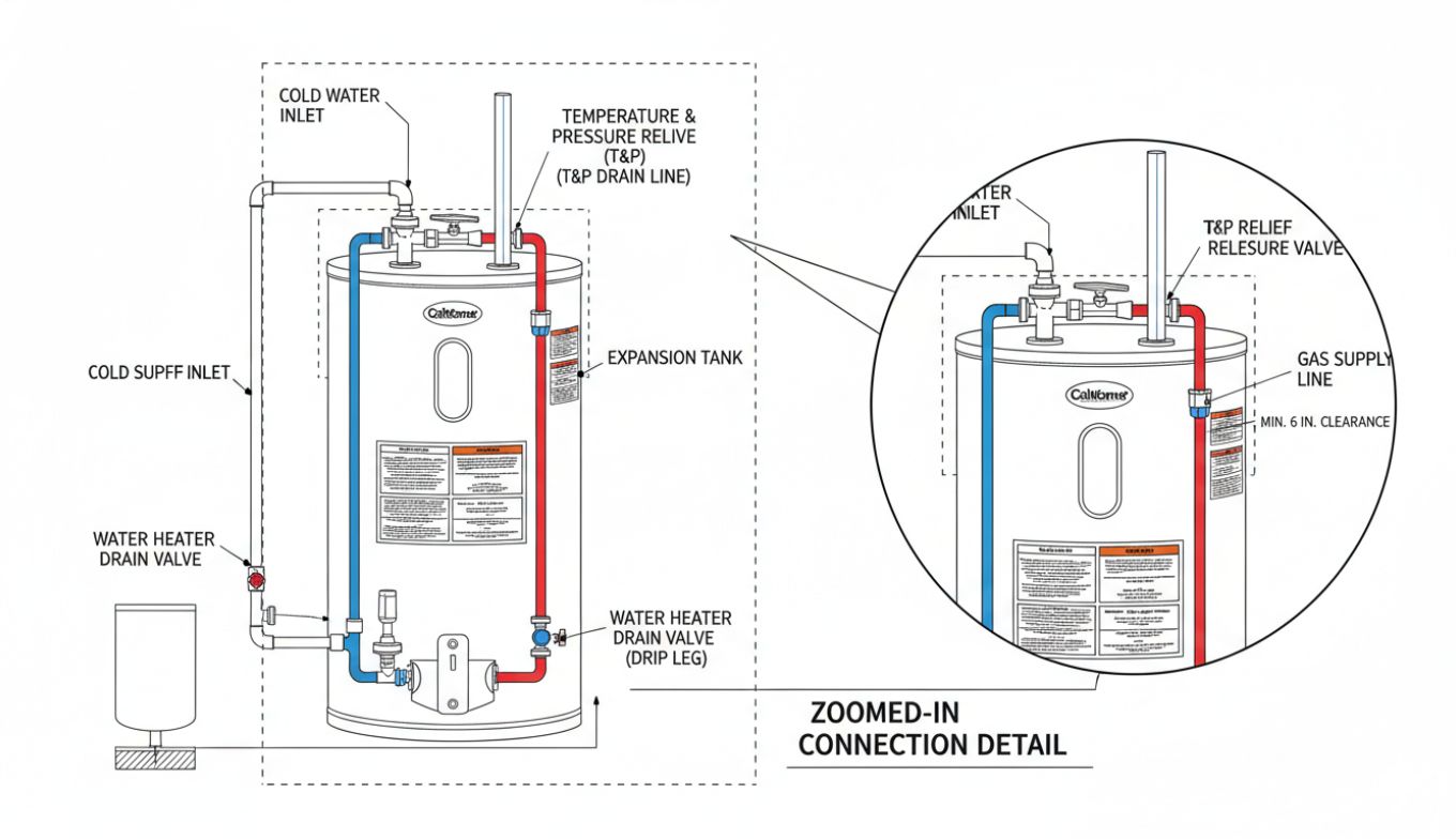 Plumbing equipment detail drawing showing water heater installation with piping connections, clearances, and code-required safety devices