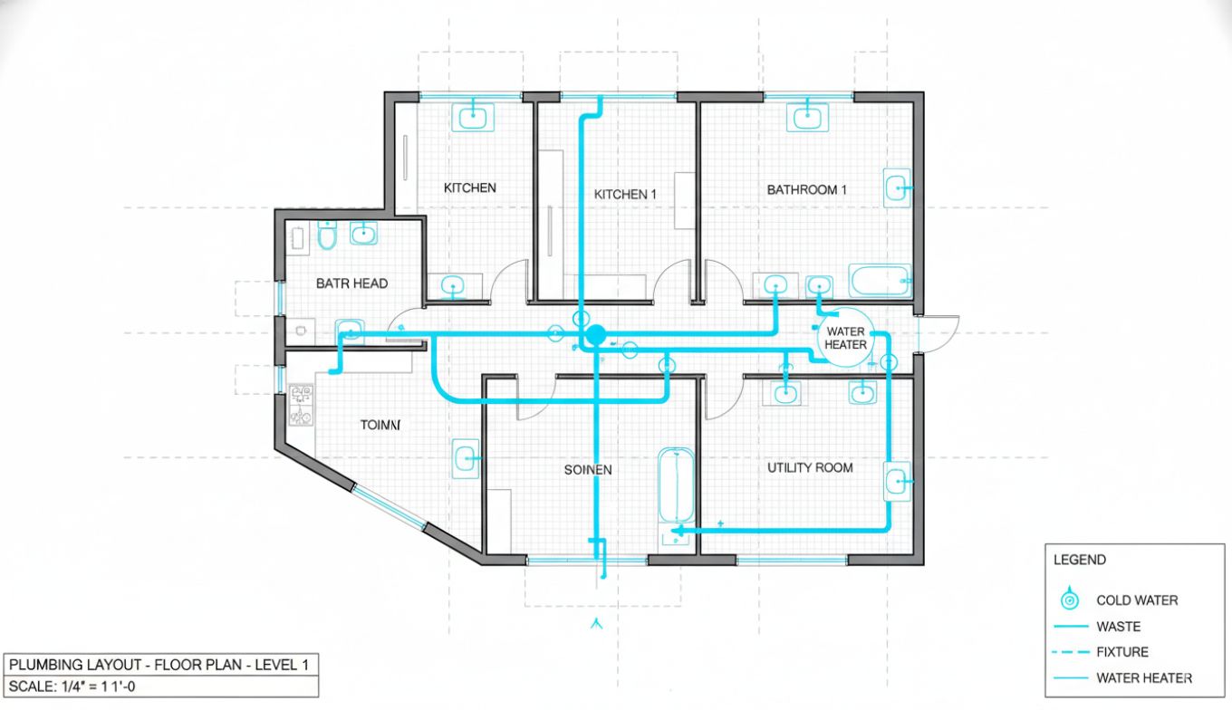 Plumbing floor plan drawing showing fixture locations, pipe routing, sizes, and connection points for a commercial building