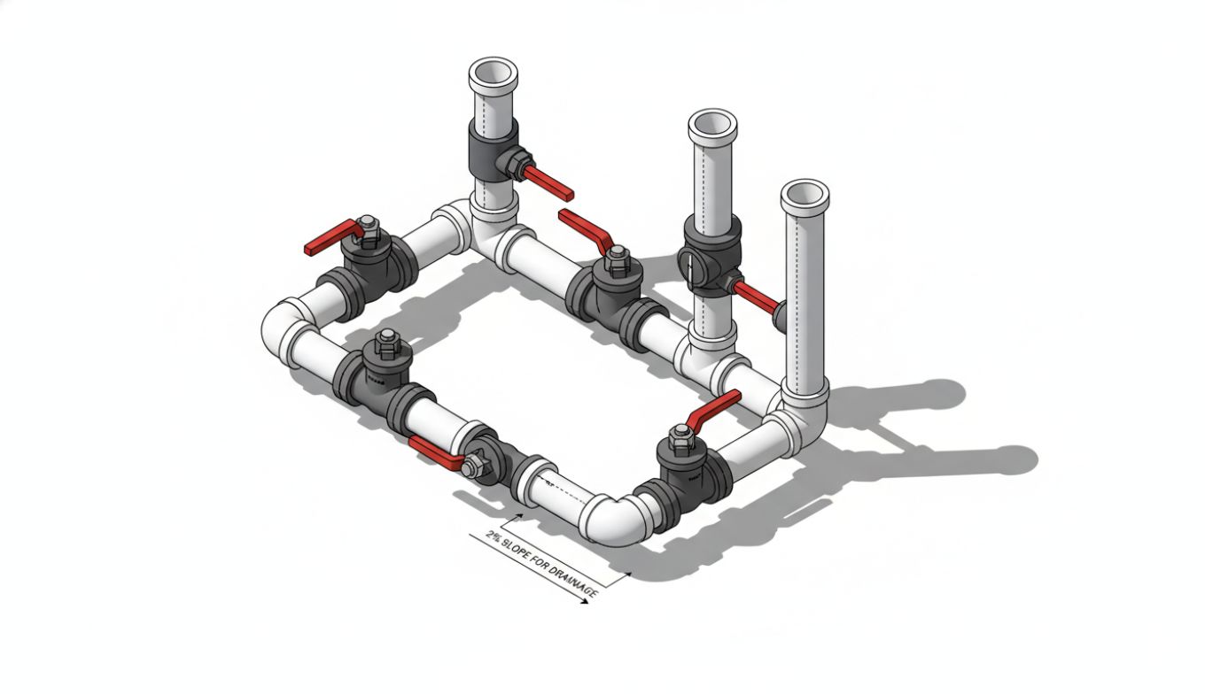 Plumbing isometric drawing showing pipe assembly with fittings, valves, slope notations, and dimensional details for fabrication