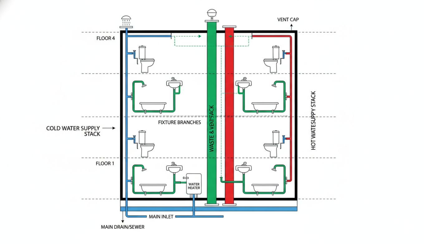 Plumbing riser diagram showing vertical piping distribution, floor connections, and system hierarchy for a multi-story building