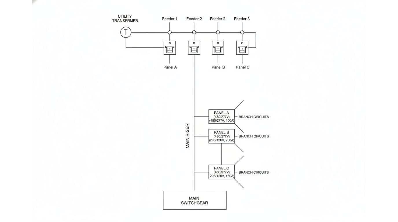 Power distribution drafting service showing single-line diagram, riser diagram, and panel schedule layout for a commercial building