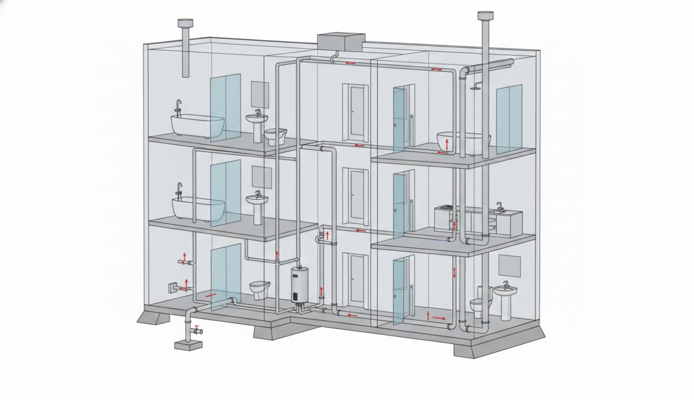 Sanitary drainage BIM modeling service showing waste piping, vent stacks, and slope configurations in a coordinated 3D plumbing model