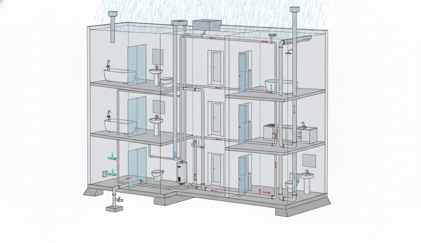 Storm water piping BIM model showing roof drain connections, leader piping, and stormwater management system routing