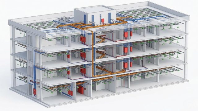 electrical-bim-model-building-coordination Electrical BIM Services – conduit, cable tray and panel layout in a Revit model by BIMPRO