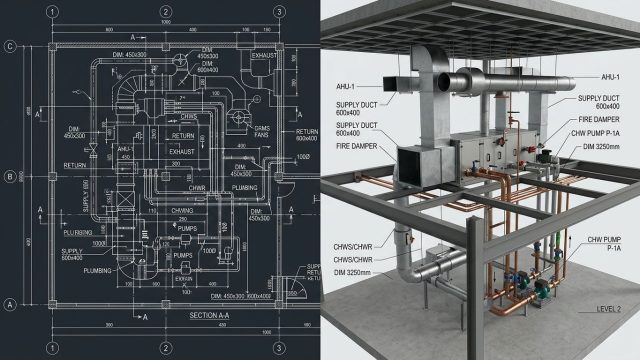 Mechanical Drafting Services – 2D HVAC drawing converted to a 3D model by BIMPRO Mechanical Drafting Services – 2D HVAC drawing converted to a 3D model by BIMPRO